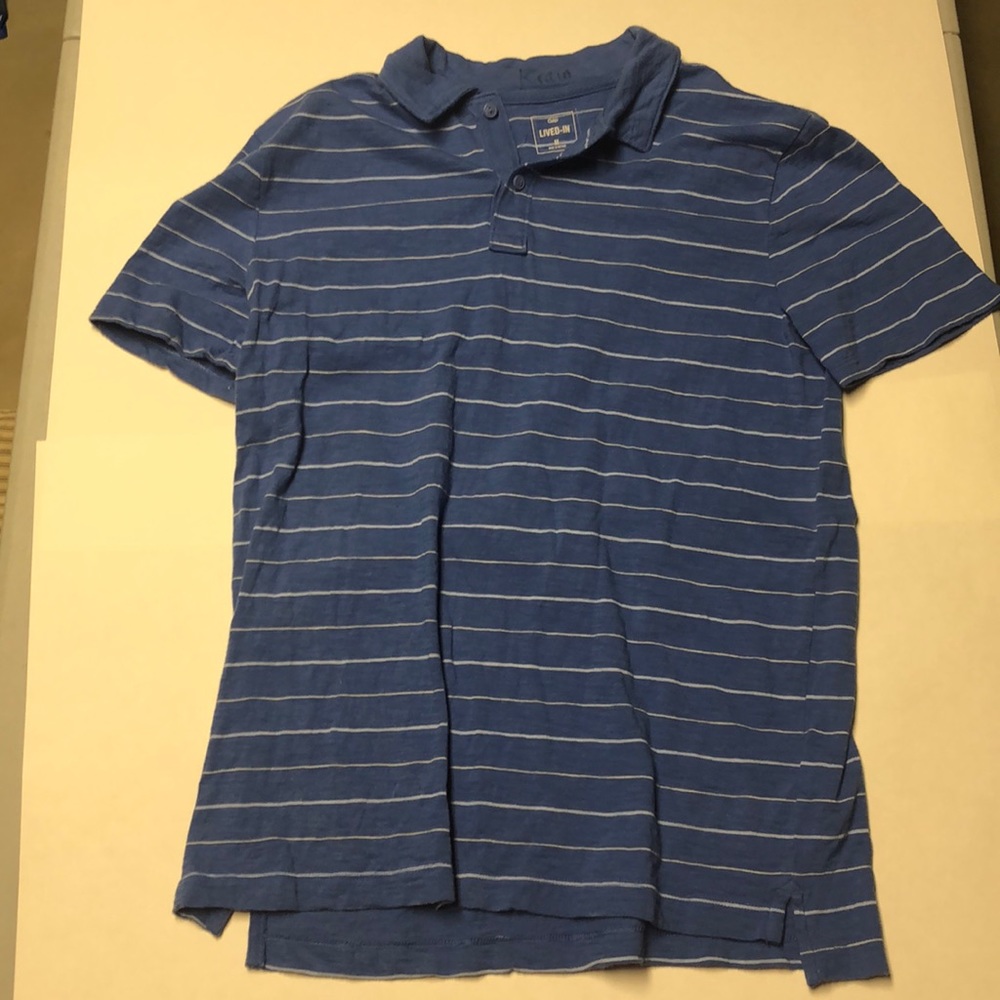 Medium GAP blue and white striped polo shirt